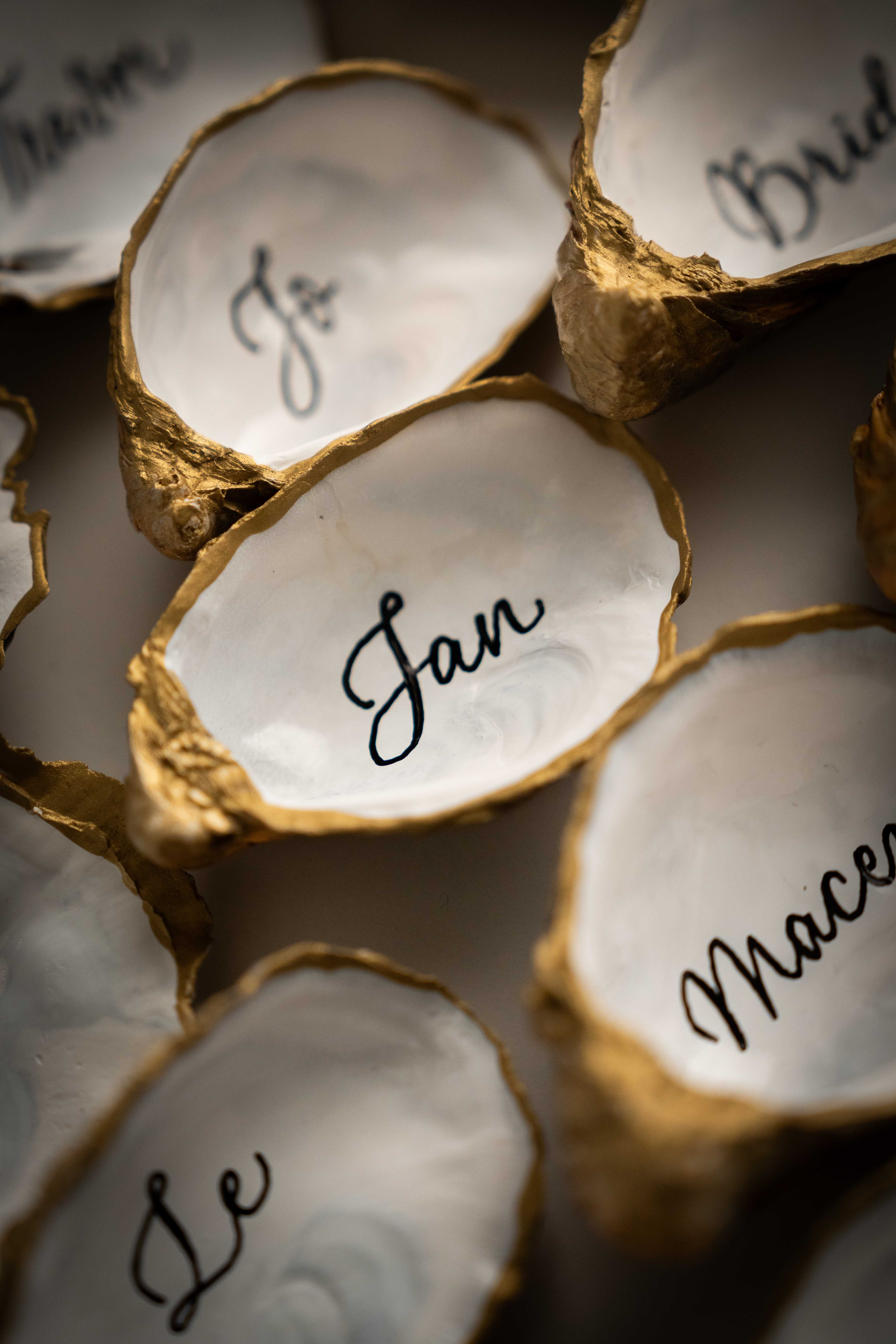 Oyster shell modern calligraphy wedding place cards
